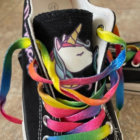 Black Sneakers with Unicorns and Rainbow Laces - Picture 3 of 5